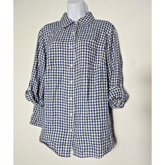 Talbots Linen 1XP Petite 1X Blouse Blue Gingham Plaid Button Up Picnic Collared - Picture 1 of 9